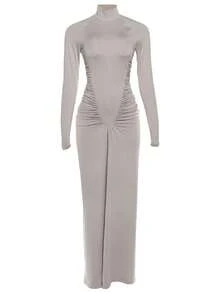 فستان متوسط الطول بأكمام طويلة وخصر مطوي ضيق اللون أحادي الصوت بياقة عالية - رمادي - مشاهدة 8