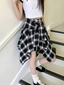 女式格子休闲可爱打结迷你裙，街头风格少女下装，夏季 - 黑色 - 查看 10