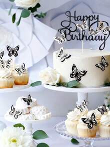 13pcs Butterfly & Letter "Happy Birthday" Cake Toppers, 3D Butterfly Cupcake Decorations, Party Dessert Decor - Multicolor - View 6