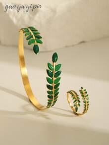 2 件奢华不锈钢 18k 镀金绿色珐琅叶和花手镯和戒指首饰套装，适合女性日常佩戴或送礼的优雅配饰 - 綠色 - 查看 9