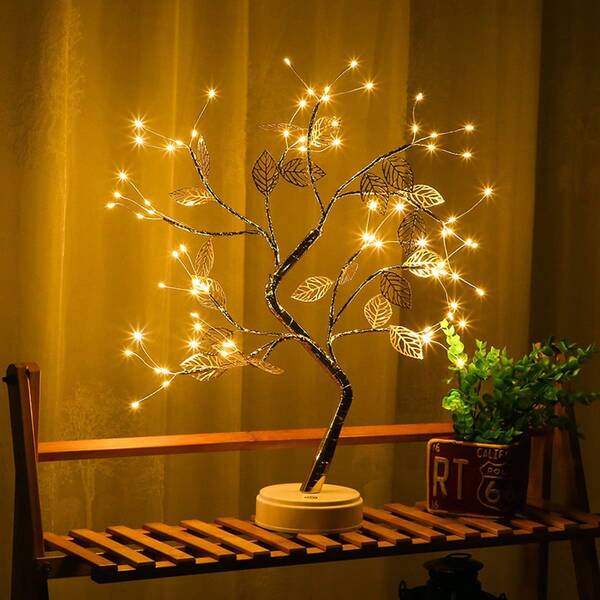 1 Pc Christmas Tree With Fairy Lights Battery/USB Operated DIY Artificial Bonsai Light Tree Lamp Decoration Chic Golden Leaf LED Tree Light For Daily Party Gifts Christmas Halloween New Year Valentine's Use ( Warm Light) Battery Not Included