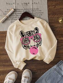 1pc Tween Girl Casual Tiger Glasses Print Pullover Crew Neck Sweatshirt, Thick Long Sleeve Student For Autumn/Winter, Unique For Animal Lovers Who Want To Stand Out - Apricot - View 2