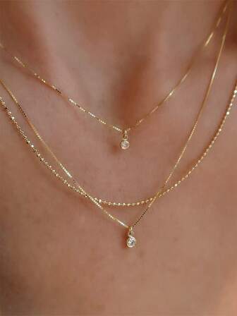 1pc Delicate Cubic Zirconia Pendant Gold Stack Necklace For Women, Suitable For Women's Daily Wear, Dates, And Parties