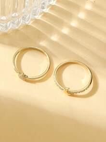 Gift Box Set Couple Rings With Star & Moon Design, Cubic Zirconia Inlaid Shiny Jewelry, Suitable As Holiday Gift - Gold - View 4