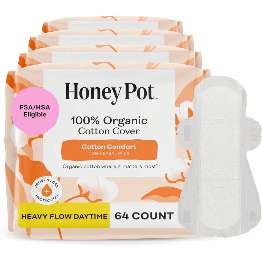 The Honey Pot Company - Sanitary Pads For Women - Non-Herbal Overnight W/Wings - Organic Cotton Cover, & Ultra-Absorbent Pulp Core - Feminine Care - 12 Ct - 64 chiếc (Gói 1 chiếc) - Xem 1