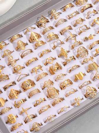 20pcs/Set Exaggerated Geometric Hollow Stainless Steel Ring Set For Women, Party (Styles & Sizes Random, No Box)