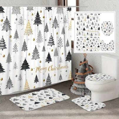 1/4 Pcs Christmas Happy Winter Shower Curtain Set, Minimalist Pine Tree Black Gold Color Waterproof Polyester Washable Curtain, Suitable For Christmas Bathroom Shower Home Decor, With 12 Hooks Anti-Slip Bath Mat U-Shaped Toilet Seat Cover