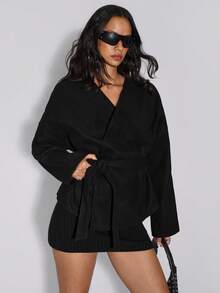 TypaGal Women Fall Autumn Winter Casual Sporty Chic Modern Going Out Elegant Black Lace-Up Overcoat, Loose Cuffs Minimalist Fashion Thickened And Warm - Black - View 3
