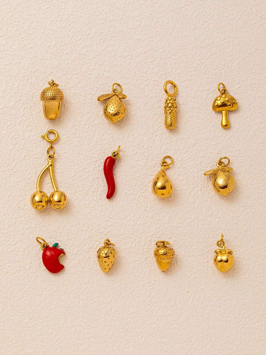 1pc Fashionable Retro Stainless Steel Fruit Series Lemon Peach Strawberry Snow Pear Mushroom Apple Cherry Pineapple Pendant, Electroplated 18K Gold, Suitable For DIY Necklace, Bracelet, Earrings, Key Chain, Bag Chain, Lace Chain, Women's Jewelry Accessories, DIY Amulet Accessories, Can Be Worn As An Exquisite Pendant To Show Charm, As A Gift For Wife, Mother And Girlfriend. Ladies' Jewelry.