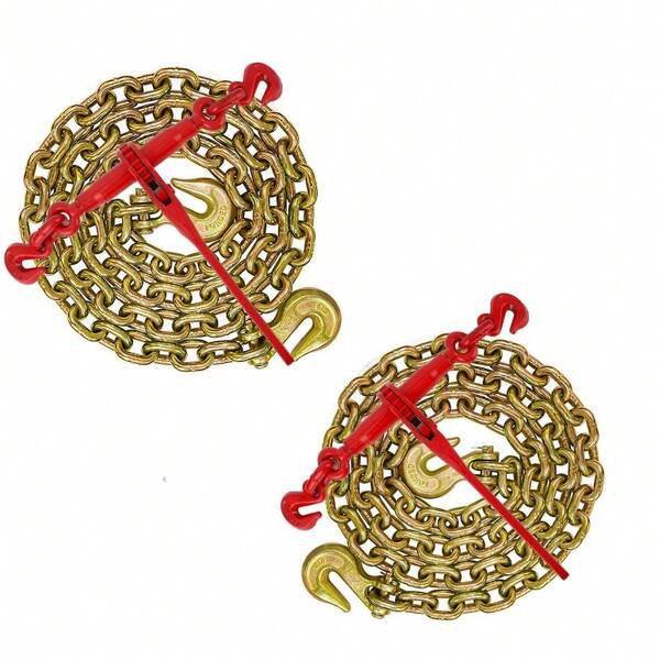 3/8" -1/2" Chain Binder, Grade 70, 3/8"*10ft Chains With 2 Binders And 2 Chains, Load Binder For Binder Chain With Grappling Hook, For Industrial, Agricultural, Logging, Towing, 3/8-1/2"*10ft Chain Tensioner (Tensioner*2, Chain*2)