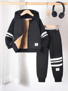 2pcs Boys Casual Fleece Jacket And Pants Set, Striped Print Pattern, Letter Graphic, Zip-Up Hooded Thick Warm Outerwear And Sweatpants, Comfortable Sporty Outfit Suitable For Outdoor Activities, Autumn/Winter