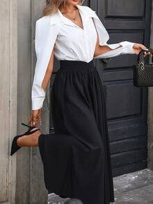 女士纯色拼接长袖单排扣休闲衬衫，春夏款