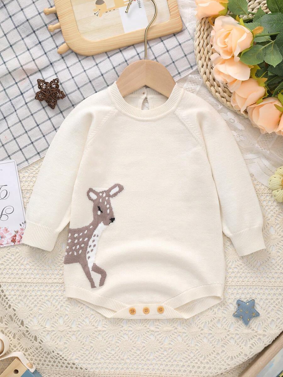 女婴鹿图案长袖针织连体衣