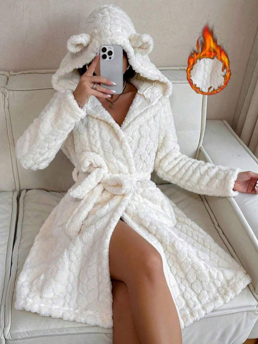 Coral Fleece Hooded Bathrobe, 3D Tortoiseshell Texture, Soft Comfortable Absorbent Loungewear - Multicolor - View 1