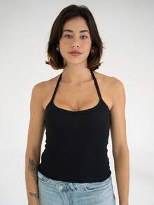 2-Piece Set: Square Neck Tank Top And Ribbed Halter Top In Cotton - Black - View 5