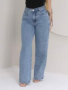 Women's Wide Leg Jeans, High Waist, 100% Jeans, Wide Leg, Straight Leg, Modern Style, Versatile And Comfortable - 中等水洗藍 - 查看 1