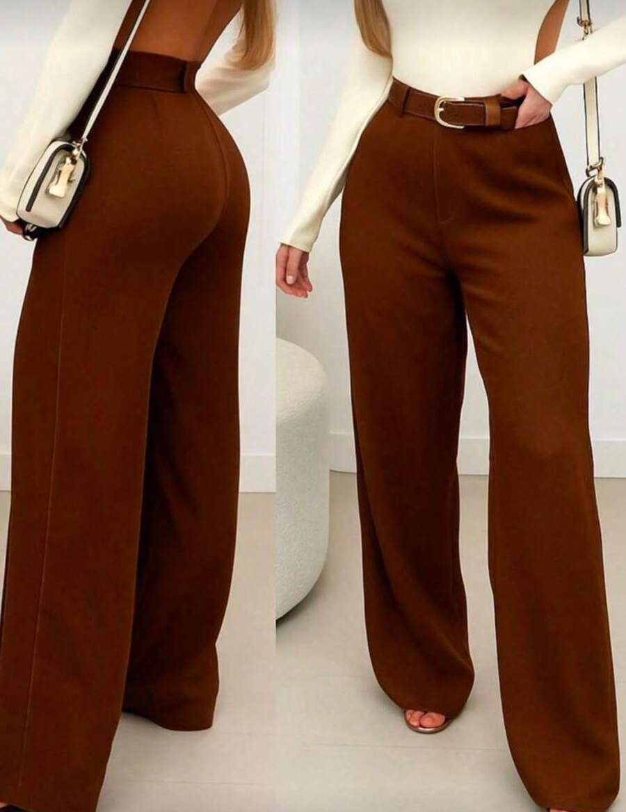 Premium Tailored Wide Leg Pants With Covered Belt 2026 - 駝色 - 查看 1