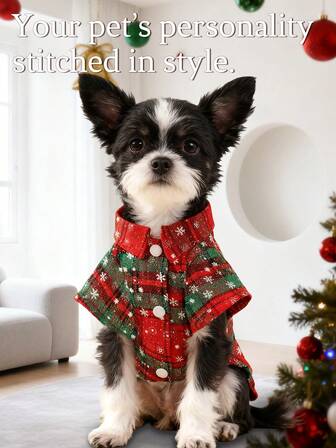 1 件宠物狗柔软可爱节日圣诞氛围服装，红绿色/格子/雪花印花，短袖衬衫，适合泰迪、贵宾犬、小型犬