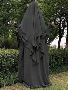 1 Set de Hiyab musulmán de doble capa elegante con buena privacidad, suave y cómodo + Vestido musulmán con diseño de manga elástica, Abaya clásica y versátil (Vestido + Hiyab)
