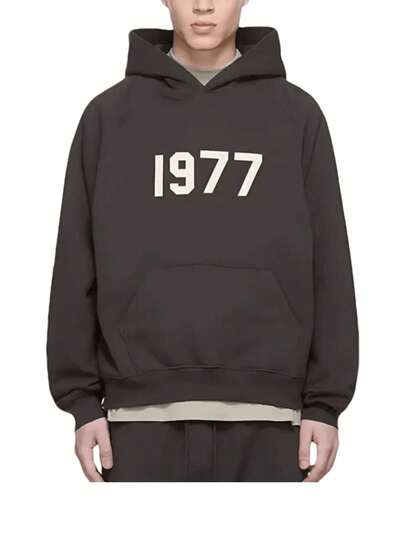 Essentials Black Vintage Flocked Hooded Fall Sweater Sweatshirt, 1977 Limited Edition Printed Sweatshirt, High-End Cotton Relaxed Fit, Cracked Flocking, Street Style And Fall Travel Photography Essentials, Youthful Urban Style Urban Exploration And Outdoor Recreation For All Day Comfort.Fall Halloween Sweater