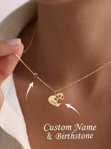 Personalized Heart Shaped Paw Necklace, Birth Stone Paw Name Necklace, Silver Engraved Paw Print Necklace, Gift For Lover, Christmas Gift - Multicolor - View 2