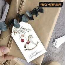 48pcs Vintage Christmas Gift Tags With Jute Twine - Elegant Rocking Horse, Red Berries & Hanging Loops, For Gift Wrapping, Classic Holiday Design With "Merry Christmas" - Suitable For Personal Or Commercial Use - Nostalgic Christmas Party Decor, Holiday Packaging Tags, Holiday Illustrations, Illustrations, Christmas Cards