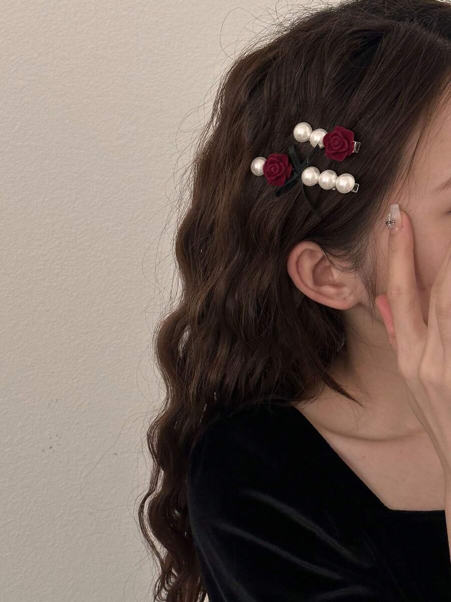 1 pieza Clip de pelo con rosa de perla falsa vintage - Pasadores para el cabello rebelde y el flequillo, Pasador de moda elegante para mujeres, Pinzas de garra - Multicolor - Ver 1