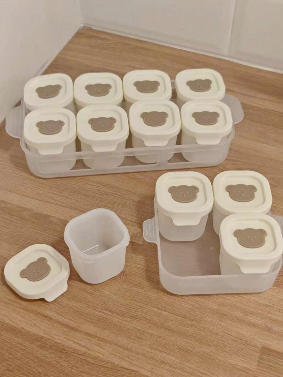 8件/4件+托盘可爱熊图案硅胶婴儿食品储存容器，带盖冷冻零食盒，冰块托盘 - 彩色 - 查看 1