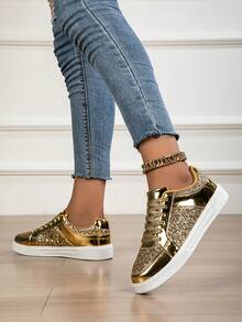 Tênis Casuais Femininos, Sapatos Sociais Brilhantes de Moda, Sapatos Plataforma Cadarço Plano, Cor Dourada Brilhante a Laser