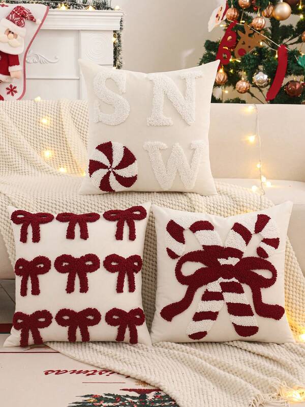 1pc/2pcs Christmas Decorative Pillow Cover, Christmas Candy Cane Bow Plush Embroidered Canvas Cream Color, Farmhouse Winter Living Room Sofa Bedroom Holiday Gift, Red