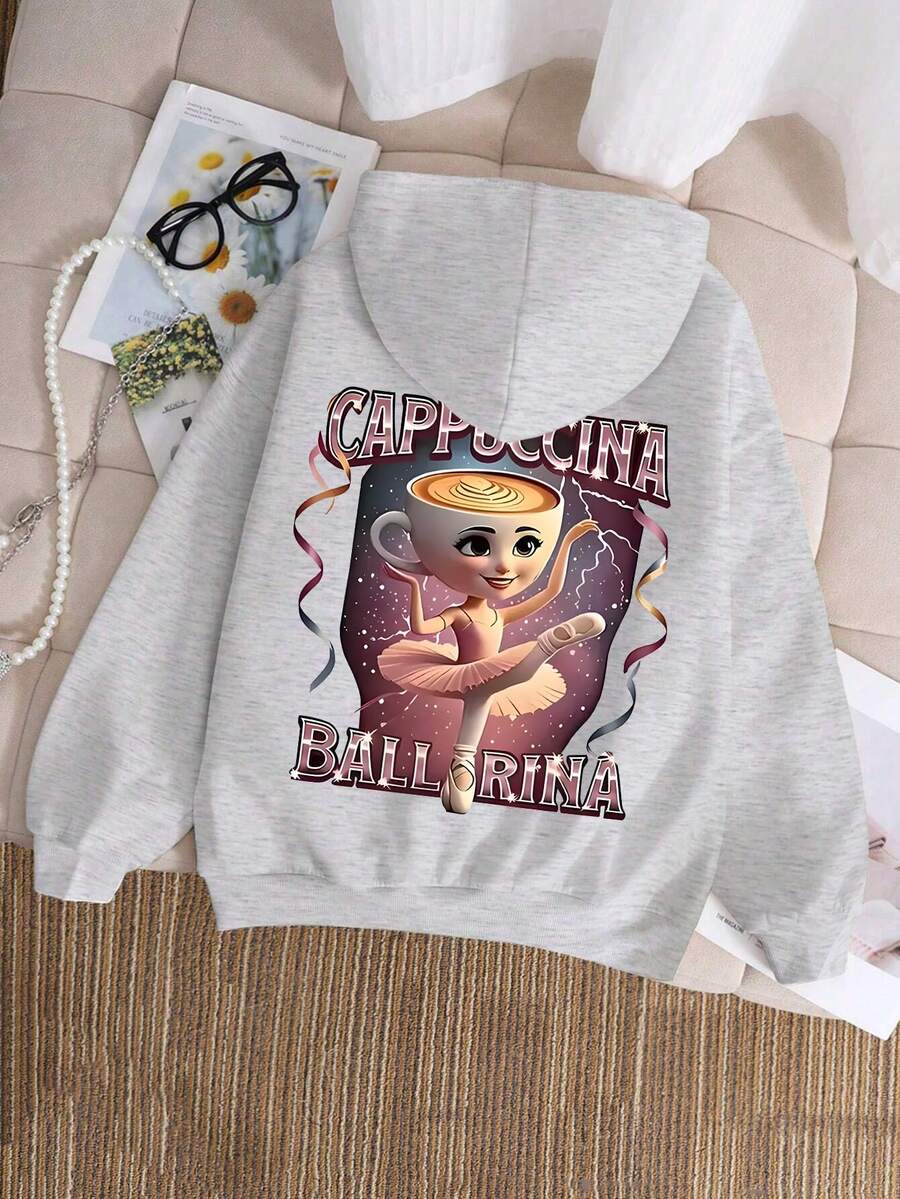 Sudadera con capucha de manga larga con estampado de bailarina de ballet y café para niña, adecuada para uso diario en otoño/invierno - Gris - Ver 1