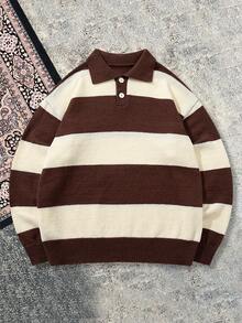 Autumn/Winter Korean Style Casual Striped Contrast Color Polo Collar Lightweight Slim Fit Pullover Knit Top