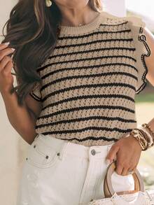 Women's Crochet Knit Striped Sweater Vest Lightweight Crewneck Ruffles Cap Sleeve Top Nutmeg Color  Striped  Colorblock    Casual    Rib-Knit  Ruffle    Vacation - 黑多色 - 查看 3
