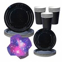 1 Set Black Starry Night Disposable Plates, Napkins And Cups, Suitable For 10 Guests, Disposable Paper Plates Party Supplies Fit For Birthday Party, Family Picnic