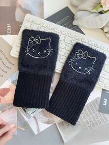 Sanrio Cute Kitty Cat Plush Half Finger Gloves For Women, Thick Warm Cycling Writing Wrist Gloves For Winter Thanksgiving Christmas Winter Holiday Outfit Women+Winter Gear+Gloves Bear+Christmas
