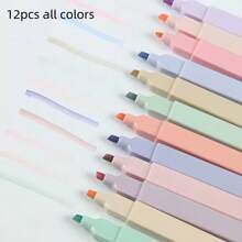 6/12pcs Random Color Muted Neon Highlighter Pens, Rich Color Vintage Style Bright Markers, Large Ink Capacity, Suitable For Students Back To School