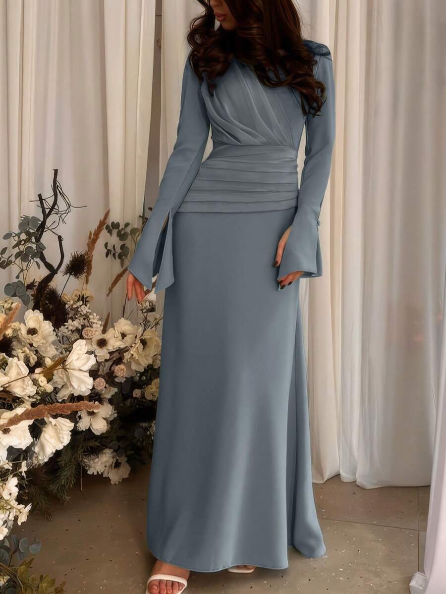 1pc Elegant Long Dress In Pale Blue, Muslim Style With Long Bell Sleeves, Suitable For Women, Perfect For Eid And Wedding Occasions