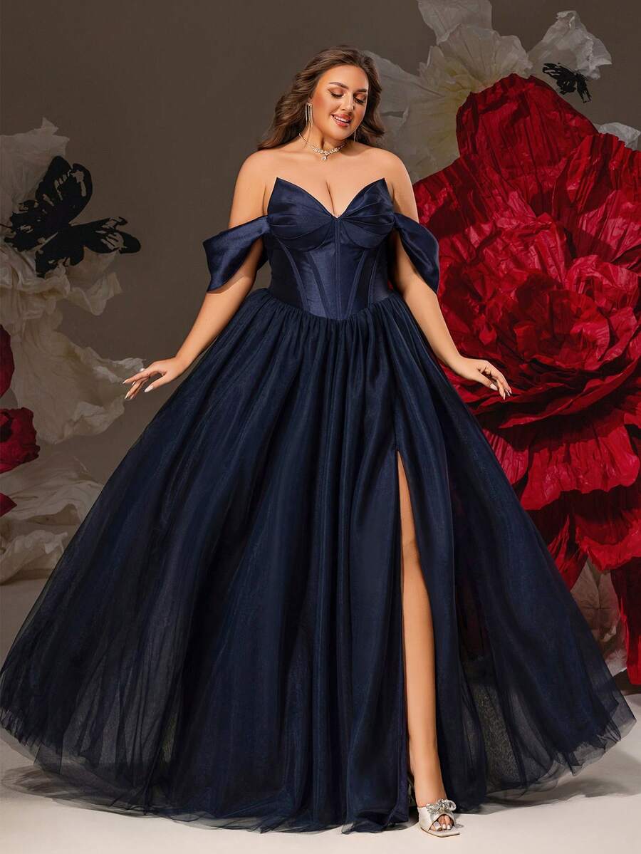 VIPGIRL Elegant Navy Blue Off-Shoulder Plus Size Sheer Maxi Dress, High Slit Design, Formal Ball Gown, Women's Formal Gown, Wedding Guest Dress, Luxury Long Dress, Glamorous Party Dress - Navy Blue - View 1