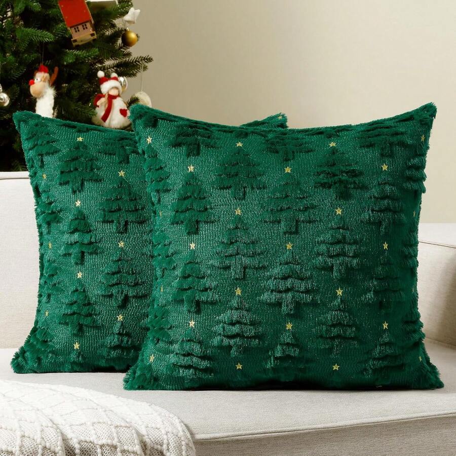 1件裝聖誕枕套 冬季聖誕樹人造毛皮枕套 3D刺繡枕套 適用於沙發、臥室、客廳裝飾 綠色 - 綠色 - 查看 1