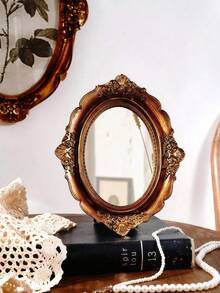 1pc Retro Oval Shaped Decorative Mirror, Antique Brass Color, Vintage Palace Style, Resin Frame, Suitable For Vanity, Jewelry Storage, Photography Props And Decoration