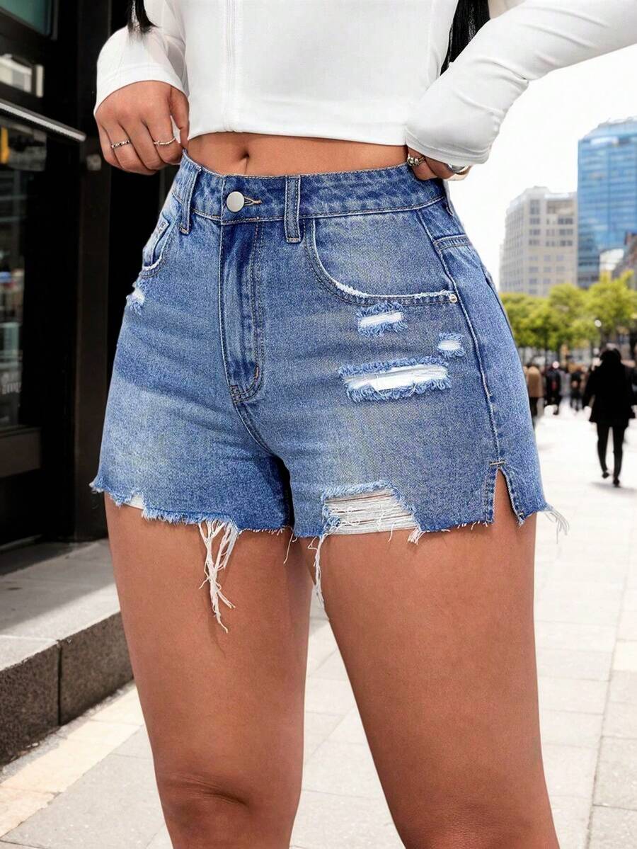 Shorts de mezclilla para mujer - Corte con rotos y lavado envejecido, pantalones cortos vaqueros versátiles para verano - Azul - Ver 1