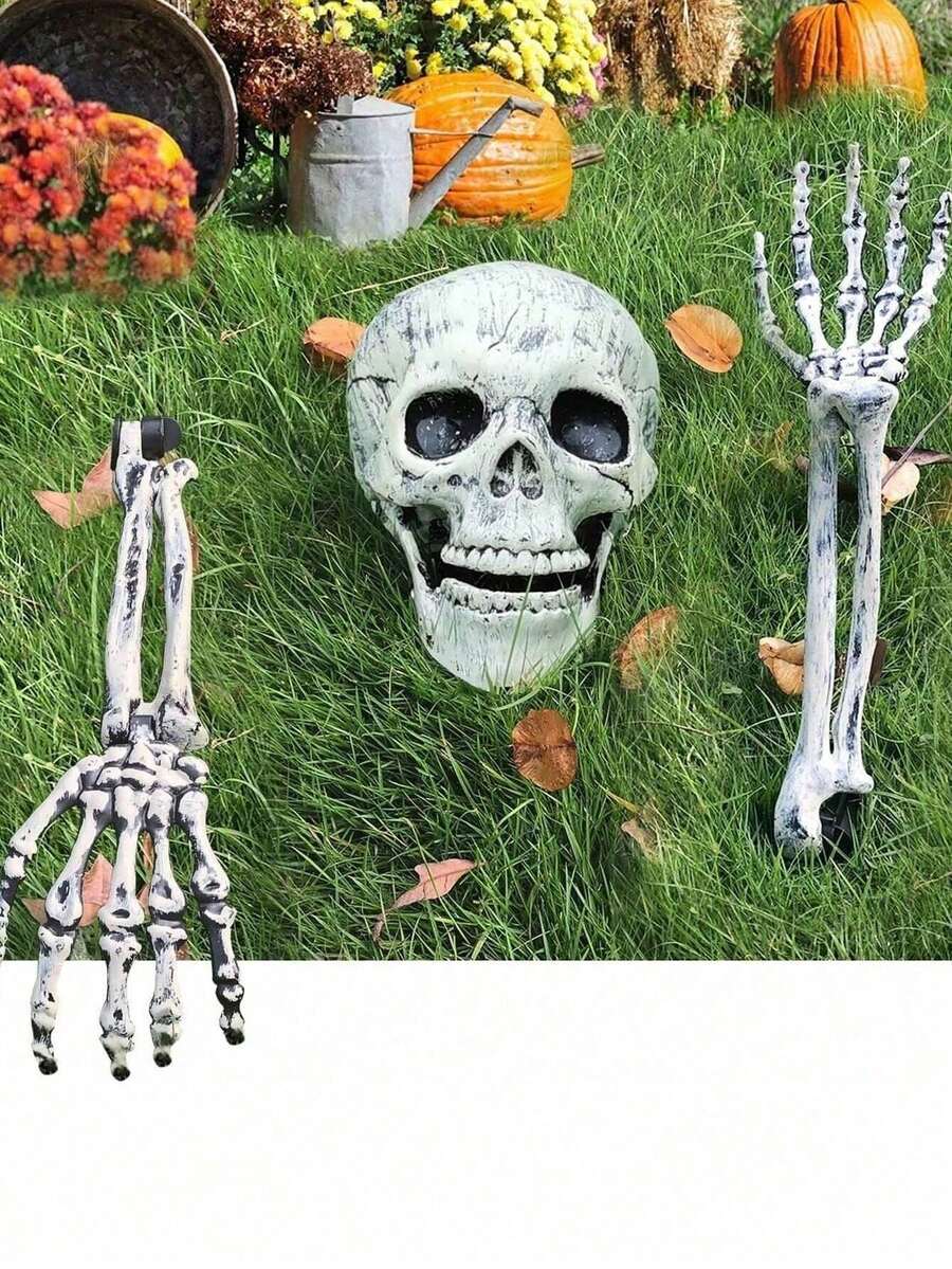 Realistic Skeleton Stakes Halloween Decorations For Lawn Stakes Garden Halloween Skeleton Decoration,Vinyl Etchings Realistic Halloween Skeleton Stakes Decorations, 3Pcs Groundbreakers Skull Head Skull Arms With Stakes Black Crack Skeleton Decor For Outdoor Yard Lawn Garden Graveyard Party Supplies ﻿,Halloween Decoration - Multicolor - View 1
