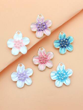 6pcs Mixed Color Dual-Tone Textured 5-Petal Flower DIY Fashion Jewelry Pendant, Suitable For Everyday Wear