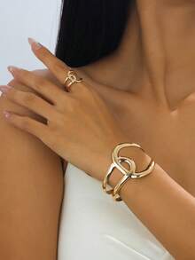 2 件时尚百搭空心几何手链和戒指套装，适合女性日常、派对和休闲穿着 - 鏤空幾何 - 查看 10