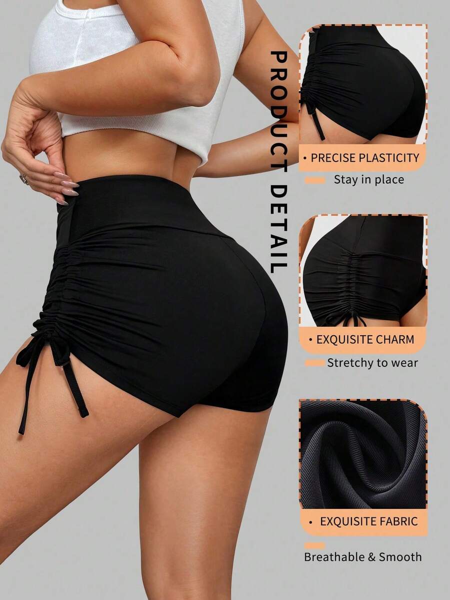 1 chiếc quần legging yoga dáng lửng 2/3, có dây rút bên hông, không nhăn, quần short thường ngày đa năng. - màu đen - Xem 1