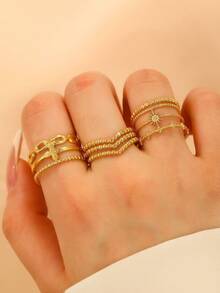 3pcs/Set Stainless Steel Leaf Line Decor Rings, Fashionable & Versatile For Everyday Wear