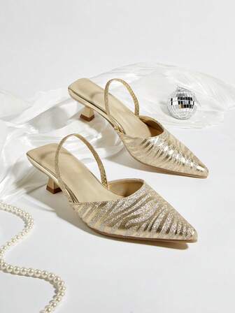 Women's Sequin Stilettos, Zebra Print Pointed Toe Slip-On Sandals, Elegant Evening Shoes, Suitable For Music Festivals (Random Cut)