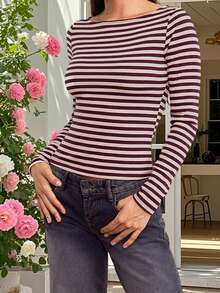 Womens Long Sleeve Crew Neck Striped Shirt Casual Cute Color Block Knit Tops  Fall Fitted Basic Outfits - Blue - View 3