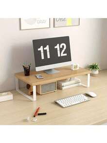 1pc Wooden Monitor Stand With Storage, Laptop Computer Monitor Riser Desk Organizer, Suitable For Home And Office Desktop, Laptop Stand, Office Supplies - 彩色 - 查看 11