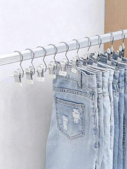 10个便携式不锈钢衣夹带钩 - 多功能衣夹，不锈钢多功能挂钩 - 便携式衣架，适用于晾晒衣物、裤子、帽子和裙子